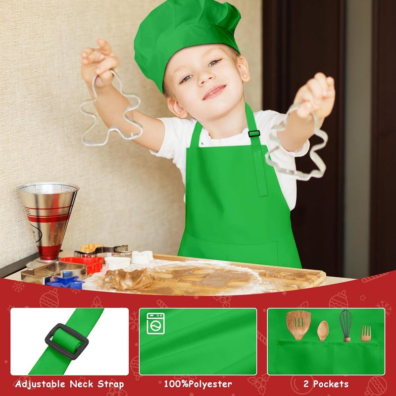 IAGBIBUI Kids Apron and Chef Hat Set, 16 Pieces Boys Girls Christmas Kids Apron with 2 Pockets Adjustable for Cooking Classroom Baking Painting, 6-13 Years(Red, Green) - Image 3